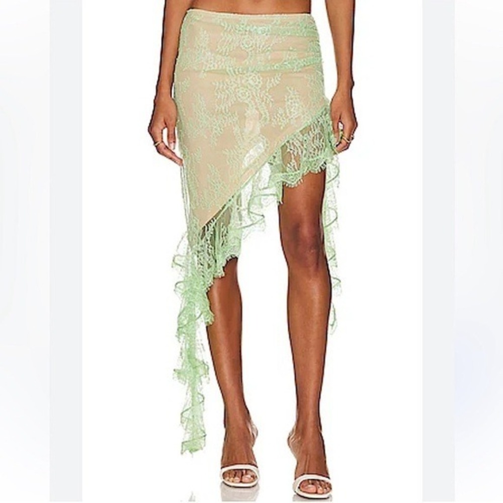 Revolve Loba Teresa Midi Skirt Green lace jellyfish ruffle hem M nwot